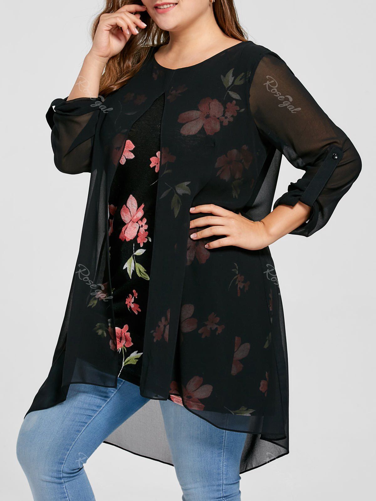 

Plus Size Front Slit Floral Longline Blouse, Black
