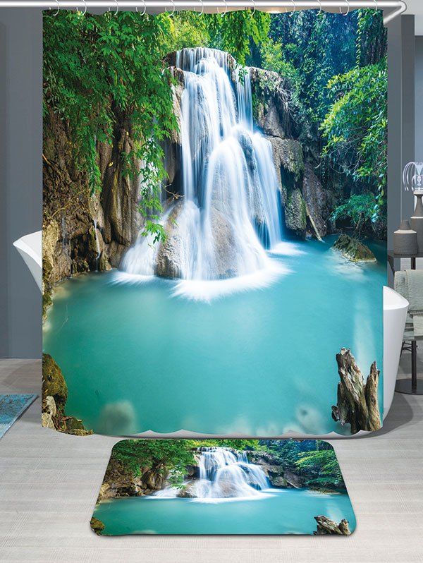

Waterfall Forest Showerproof Bathroom Curtain Carpet Set, Green