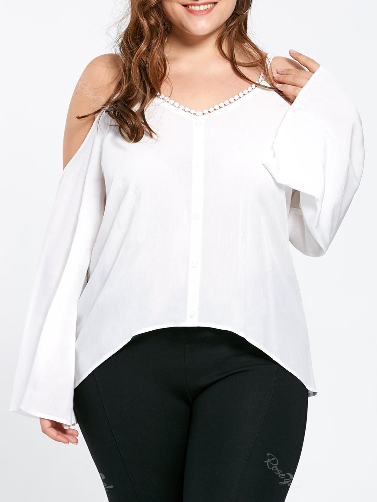 

Plus Size Dew Shoulder Bell Sleeve Blouse, White
