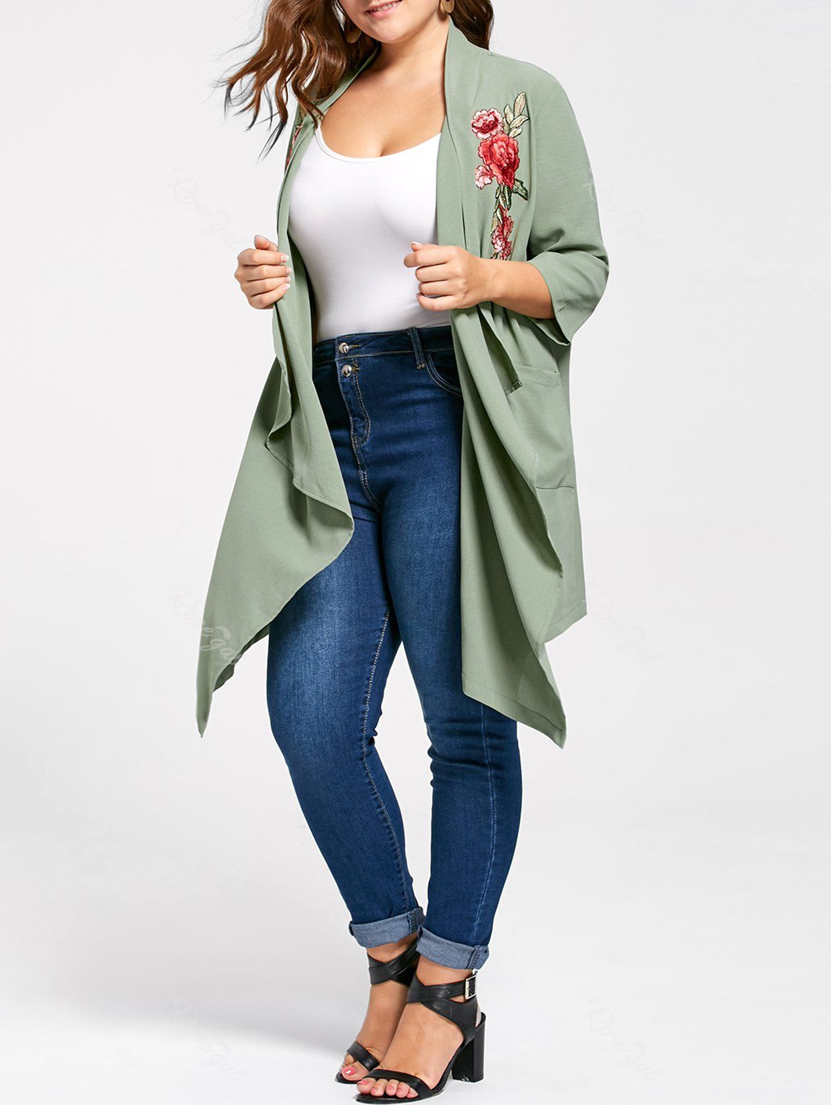 

Plus Size Embroidered Flowy Drape Cardigan, Pea green