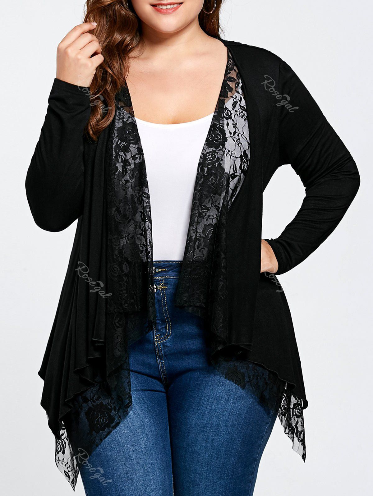 

Plus Size Lace Trim Open Front Cardigan, Black