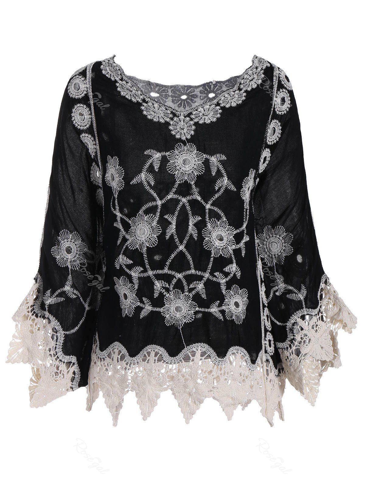 

Batwing Sleeve Plus Size Crochet V-neck Top, Black