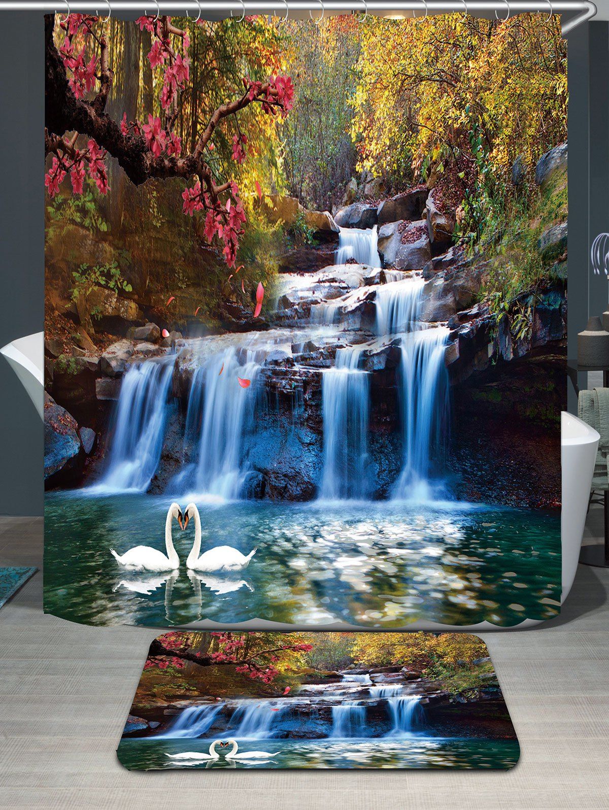 

Swans Flowers Cascade Waterproof Rug Shower Curtain Set, Colorful