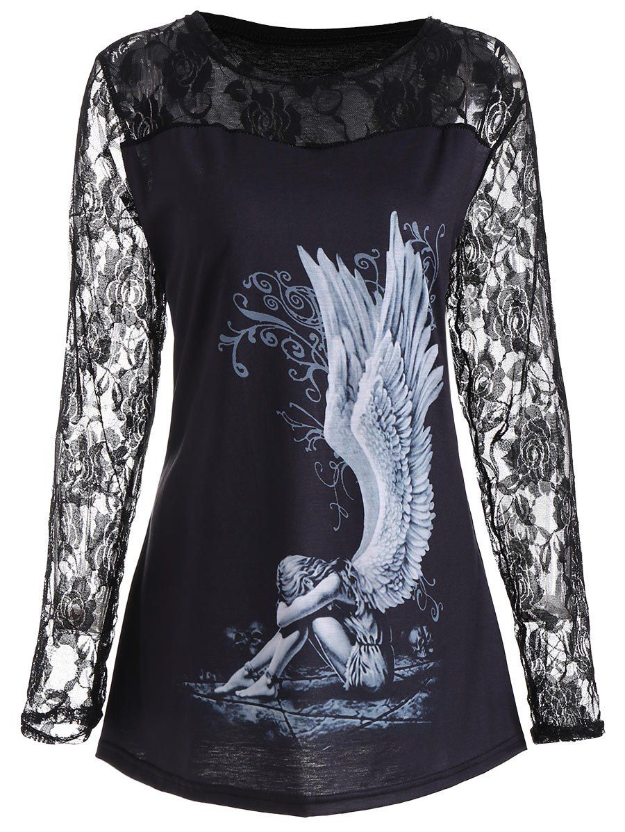 

Lace Panel Angel Print Plus Size Top, Black