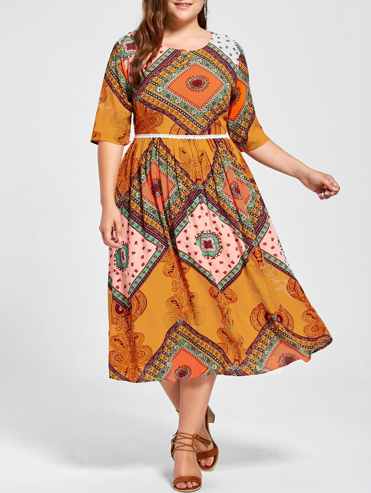 

Plus Size Indian Print Midi Flowing Dress, Pearl kumquat