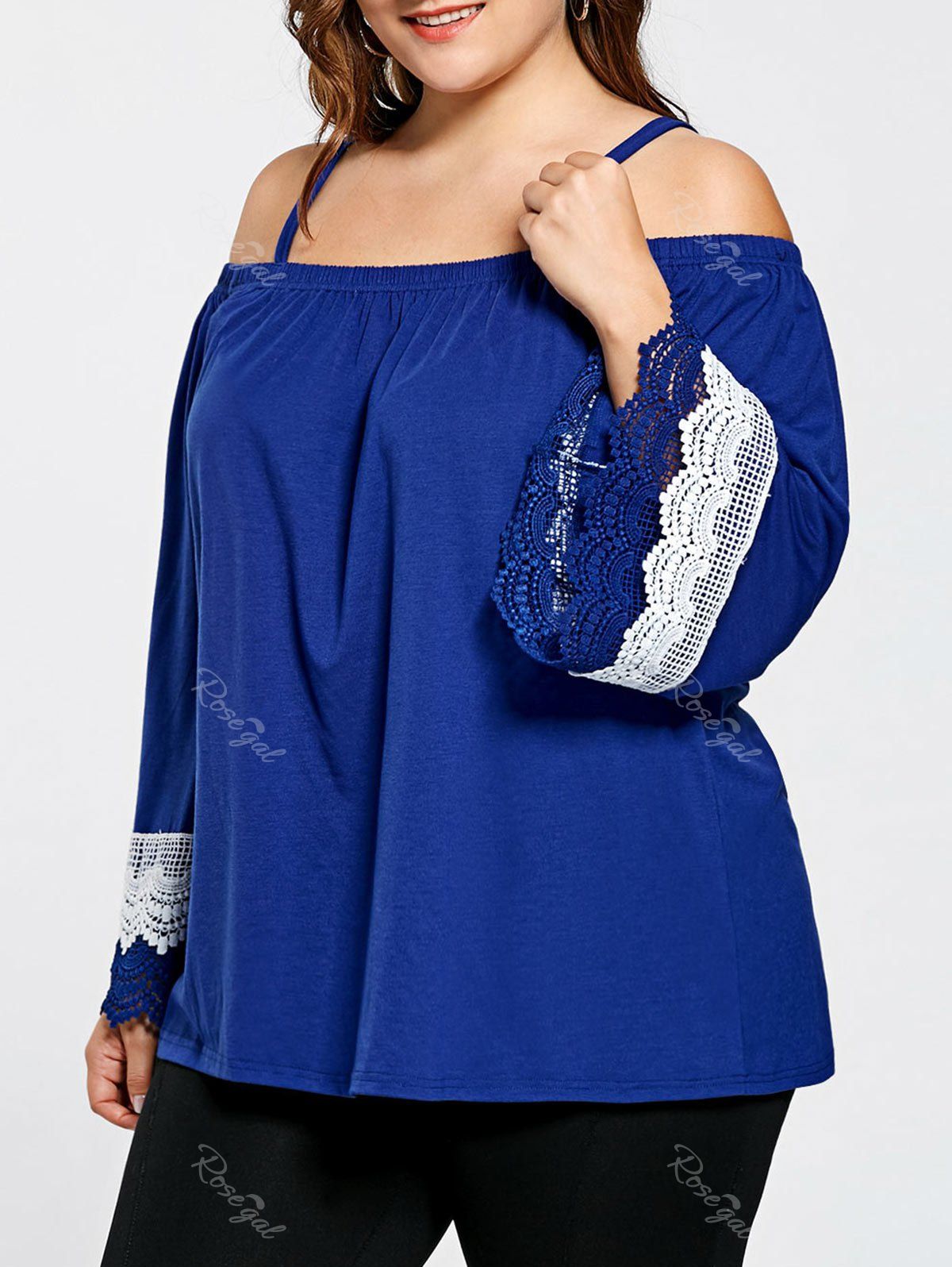 

Lace Panel Flare Sleeve Cold Shoulder Plus Size Top, Blue