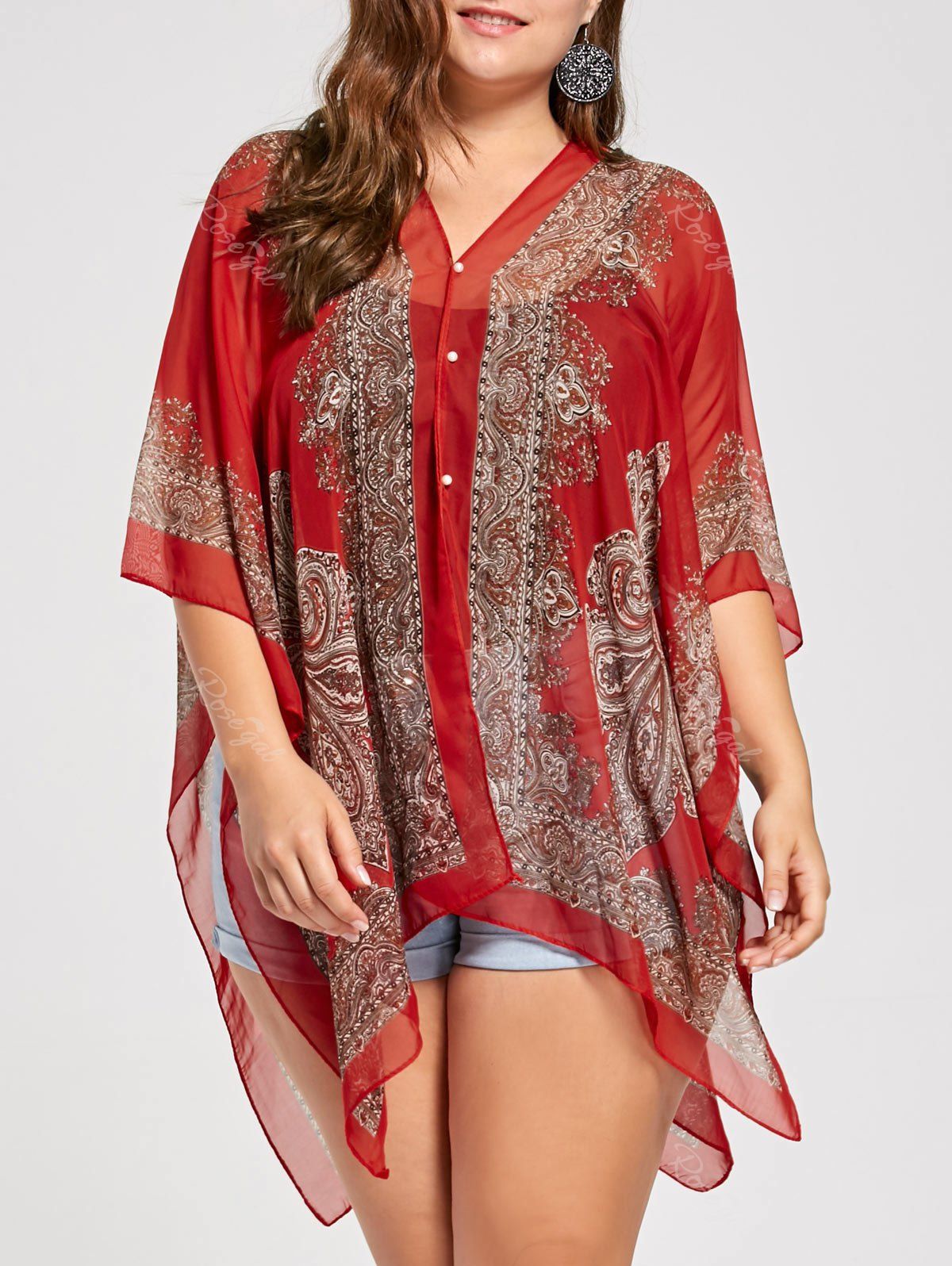 

Beaded Plus Size Printed Chiffon Poncho Top, Red orange