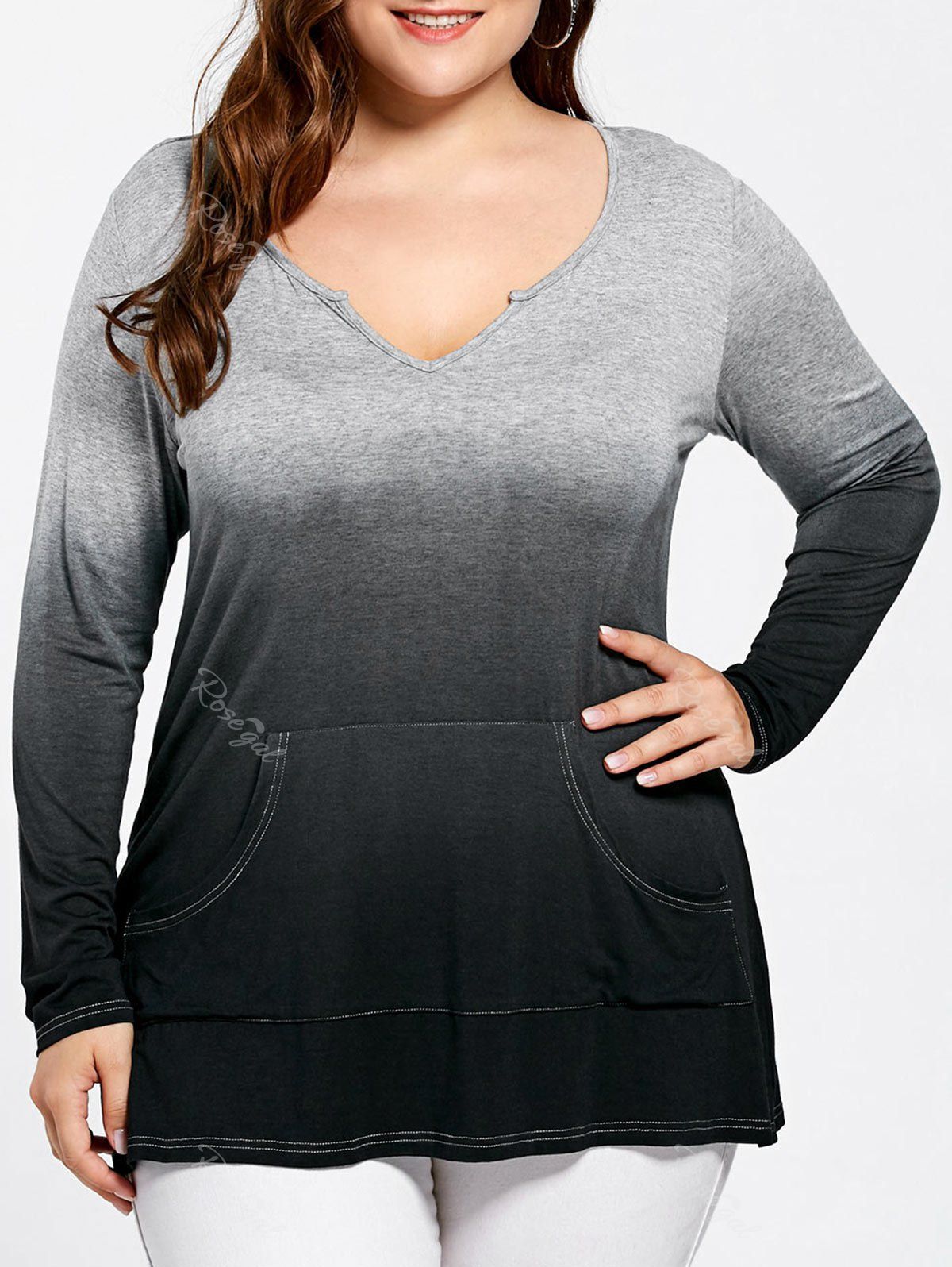 

Long Sleeve Kangaroo Pocket Ombre Plus Size Top, Black and grey