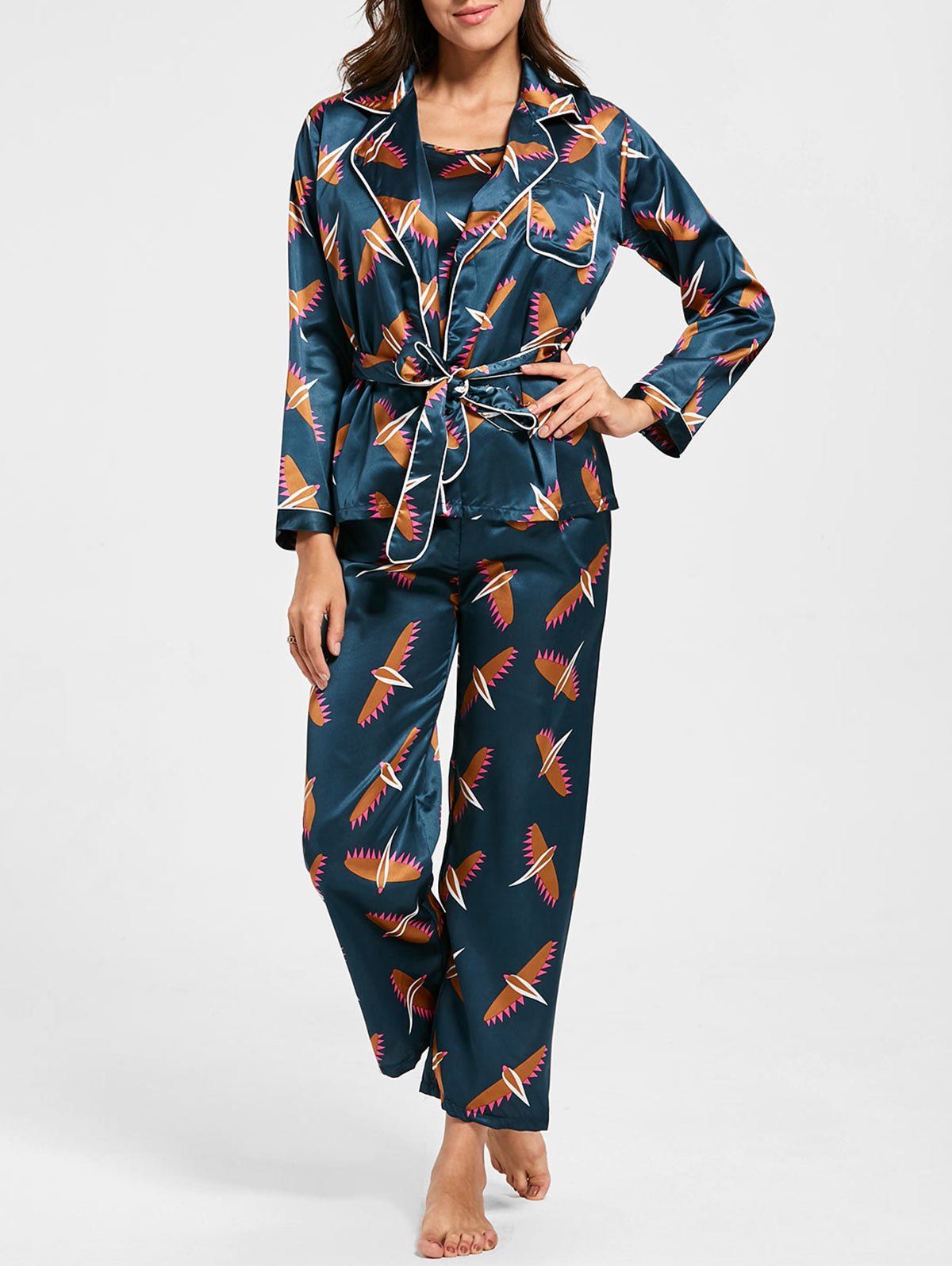 [31 OFF] Satin Printed Wrap Pajamas Set Rosegal