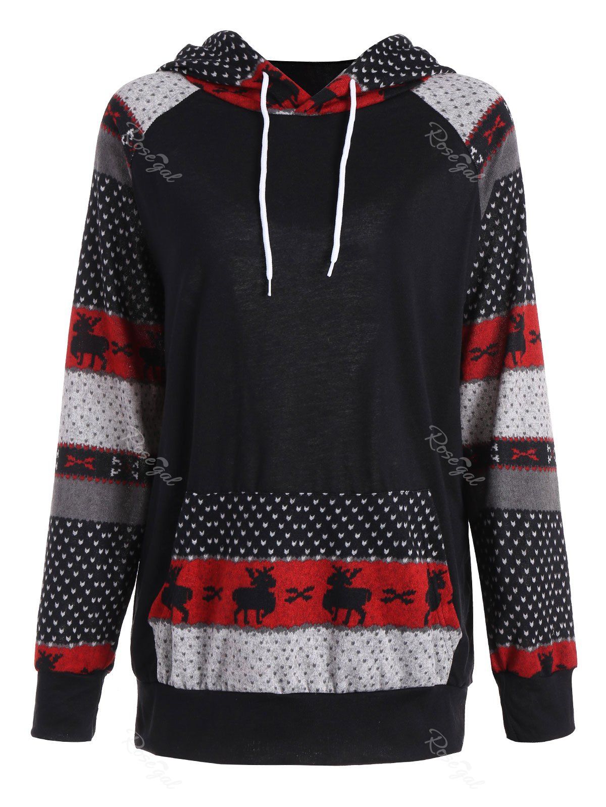 

Plus Size Pocket Christmas Deer Raglan Sleeve Hoodie, Black