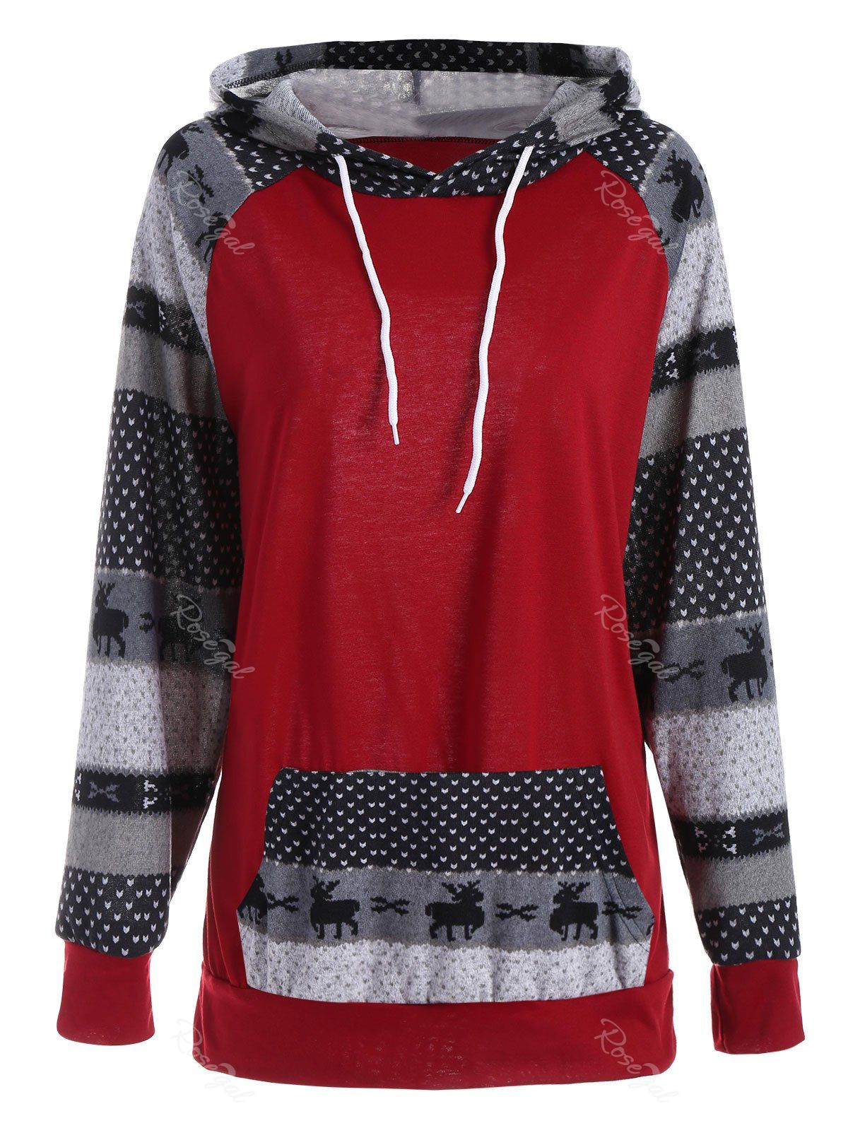 

Plus Size Pocket Christmas Deer Raglan Sleeve Hoodie, Red