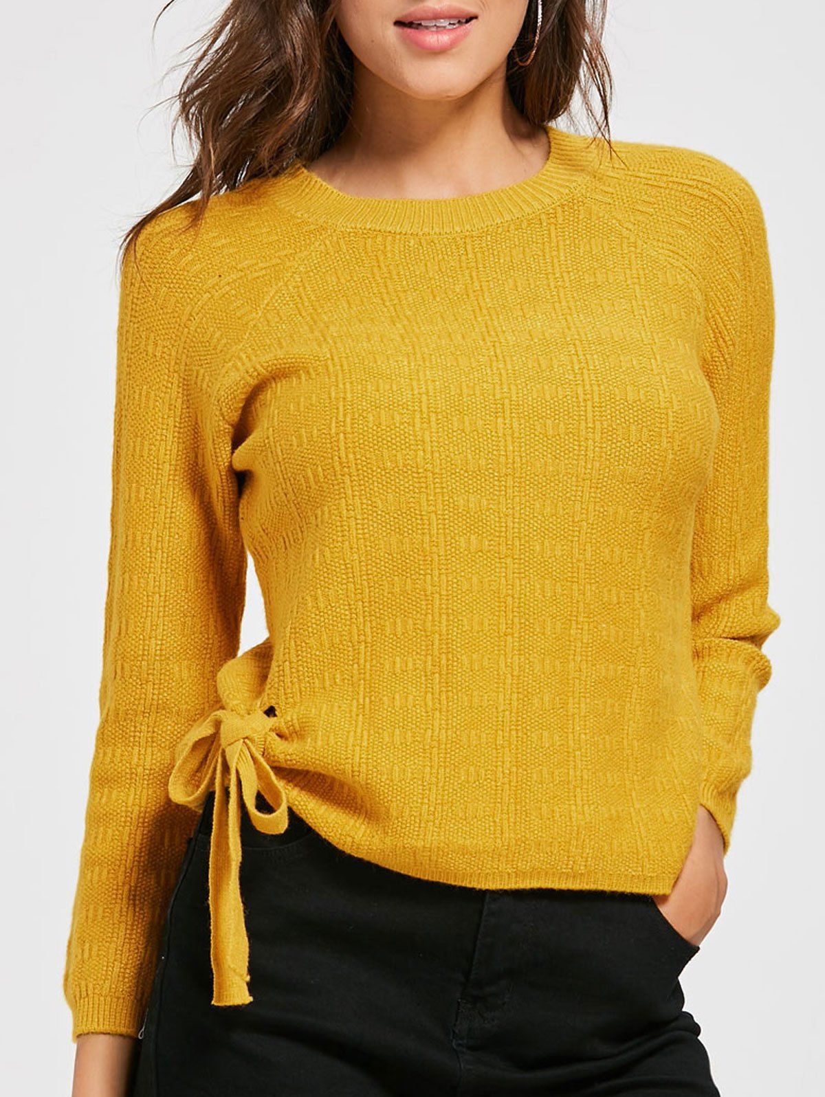 

Crew Neck Self Tie Knit Sweater, Yellow