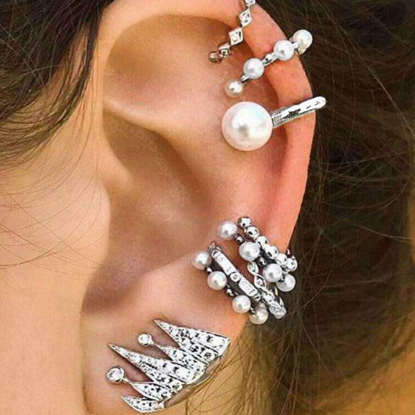 

Rhinestone Faux Pearl Cartilage Ear Cuff Set, Silver