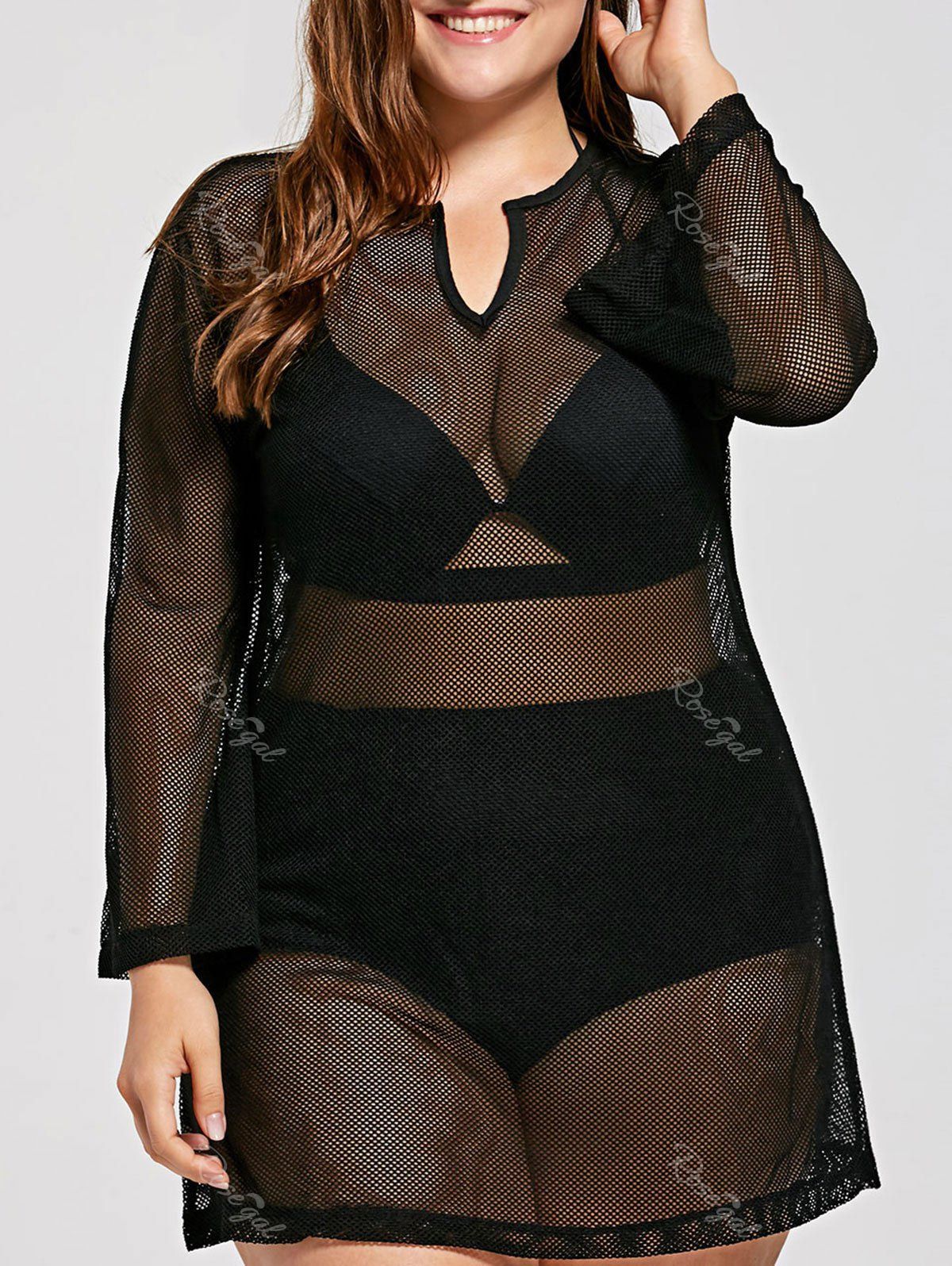 

Plus Size Long Sleeve Mesh Cover Up Tunic Top, Black