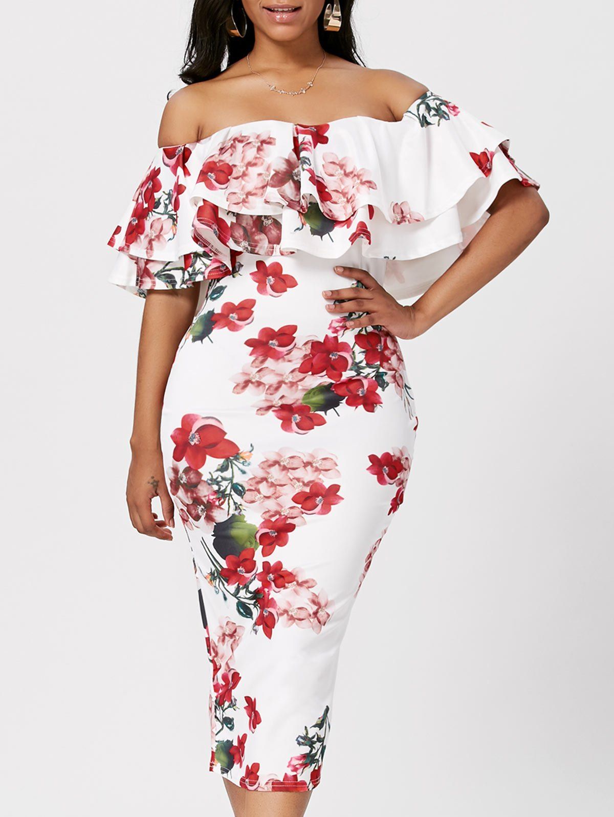 30 Off Ruffle Off The Shoulder Bodycon Floral Dress Rosegal