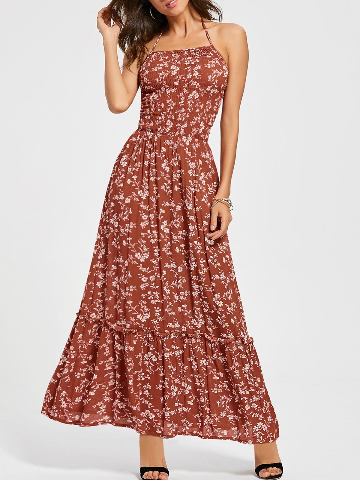 [34 Off] Back Lace Up Floral Halter Maxi Sundress Rosegal