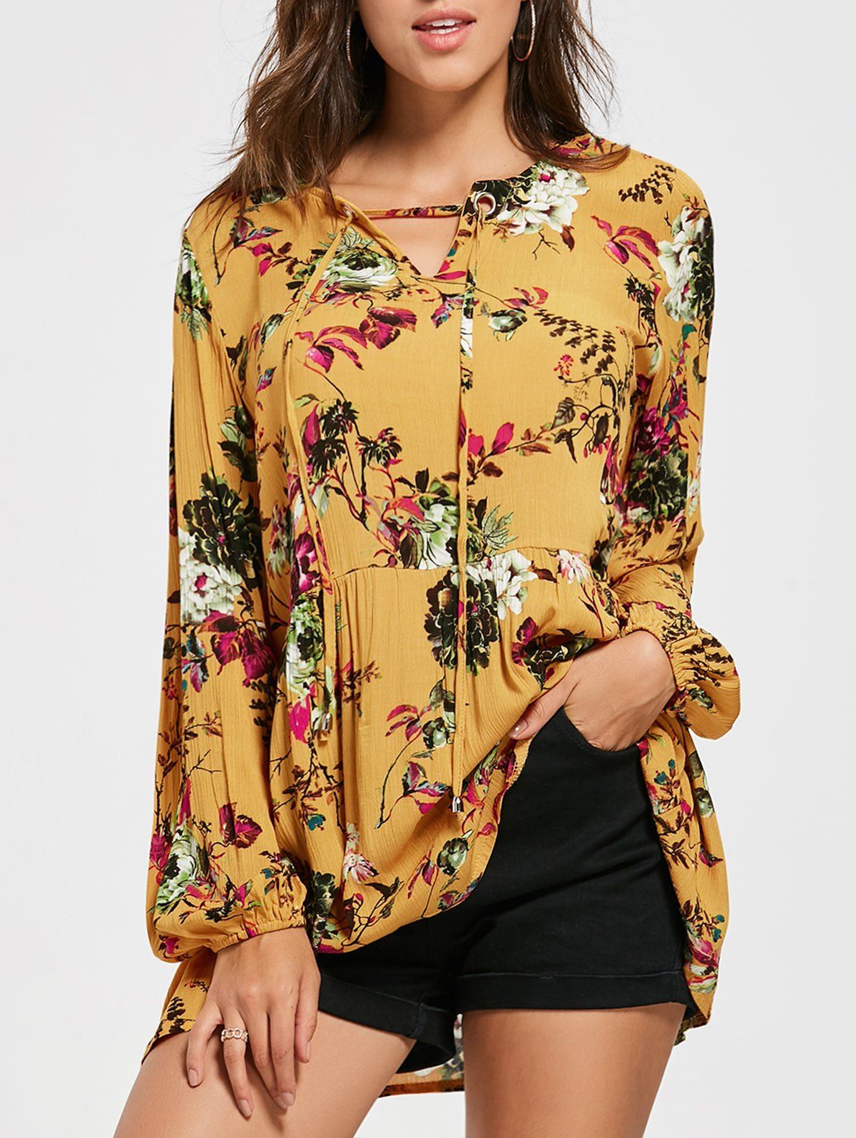 

Eyelet Floral Print Tunic Blouse, Yellow