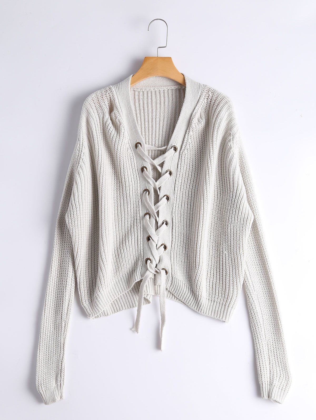 

Ribbed Lace Up Chunky Sweater, Gray white camouflage