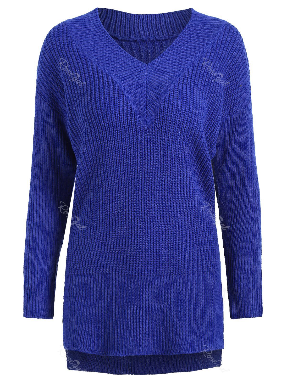 

Drop Shoulder High Low Plus Size Sweater, Blue
