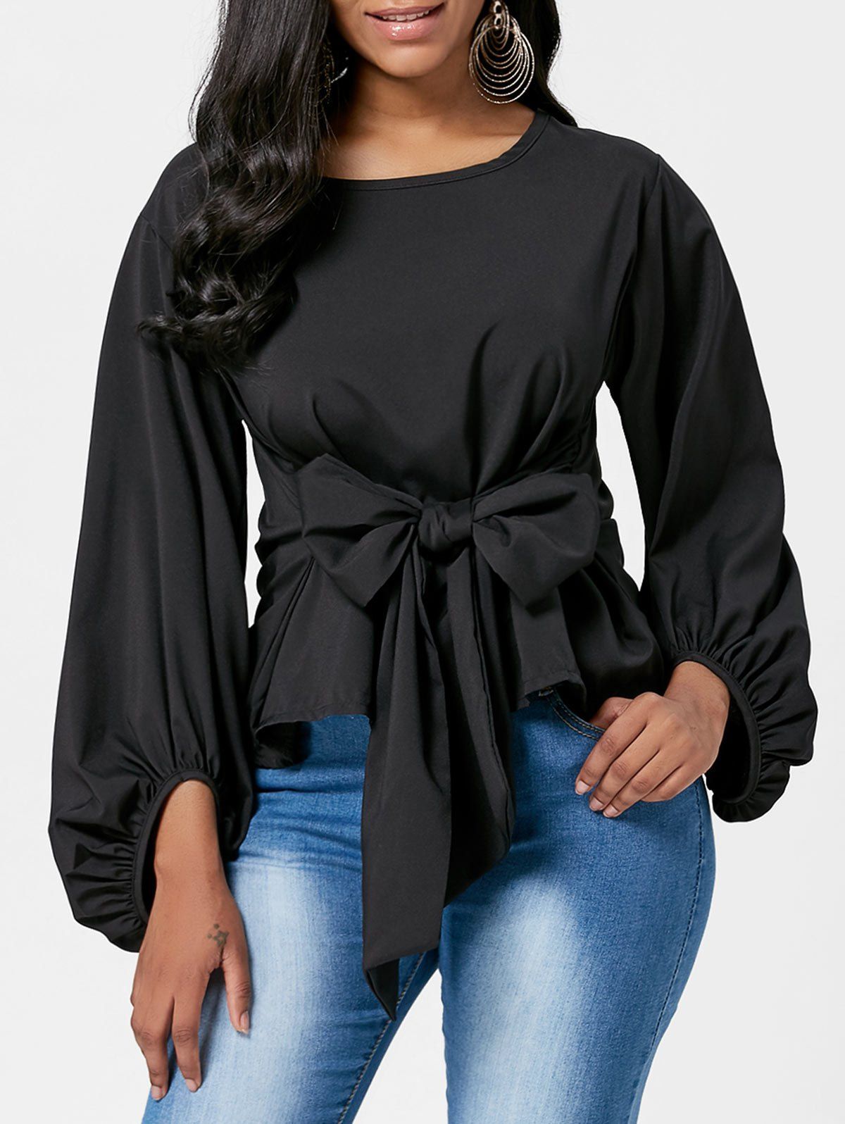 

Belted Puff Sleeve Blouse, Black