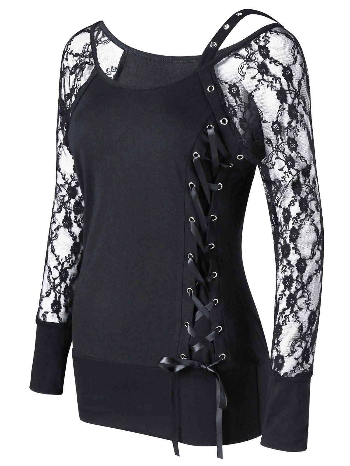 

Raglan Sleeve Fitted Lace Up Top, Black