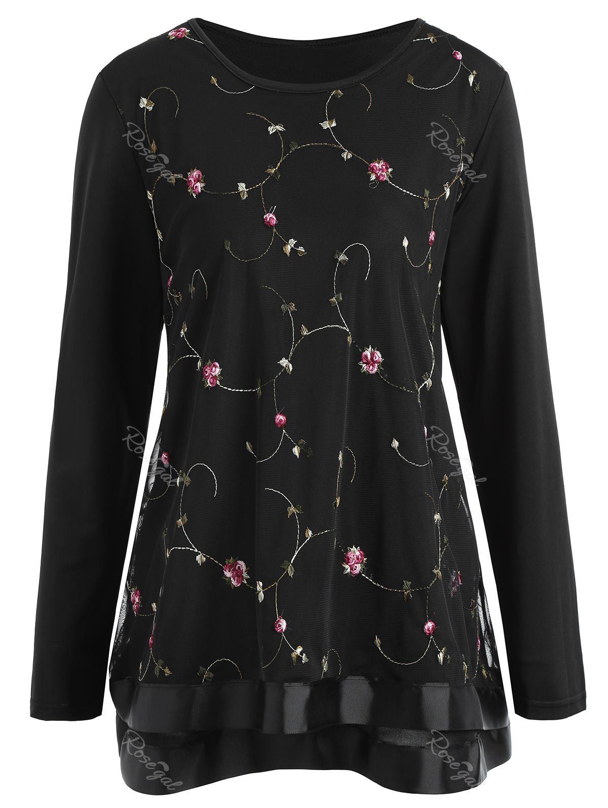 

Plus Size Mesh Floral Embroidered Overlay Top, Black