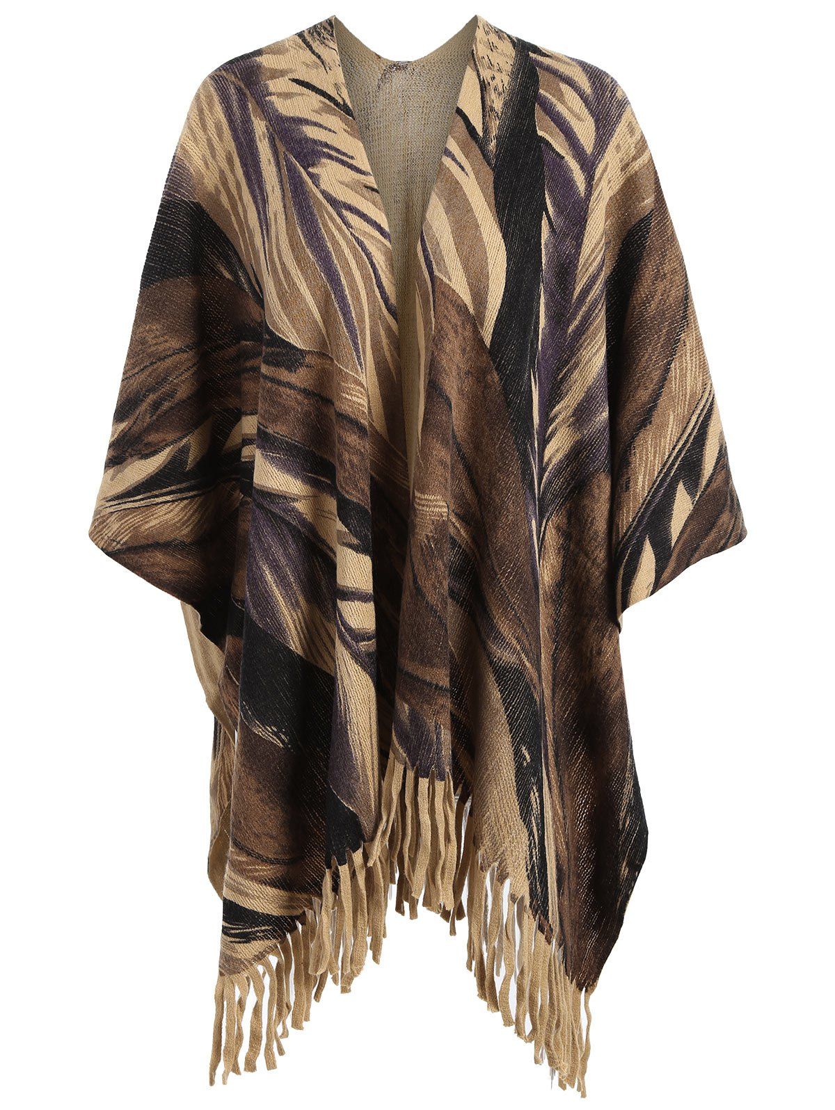 

Printed Fringed Plus Size Knit Cape, Brown