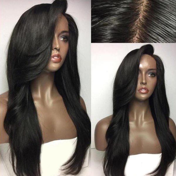 

Deep Side Part Long Natural Straight Synthetic Wig, Natural black
