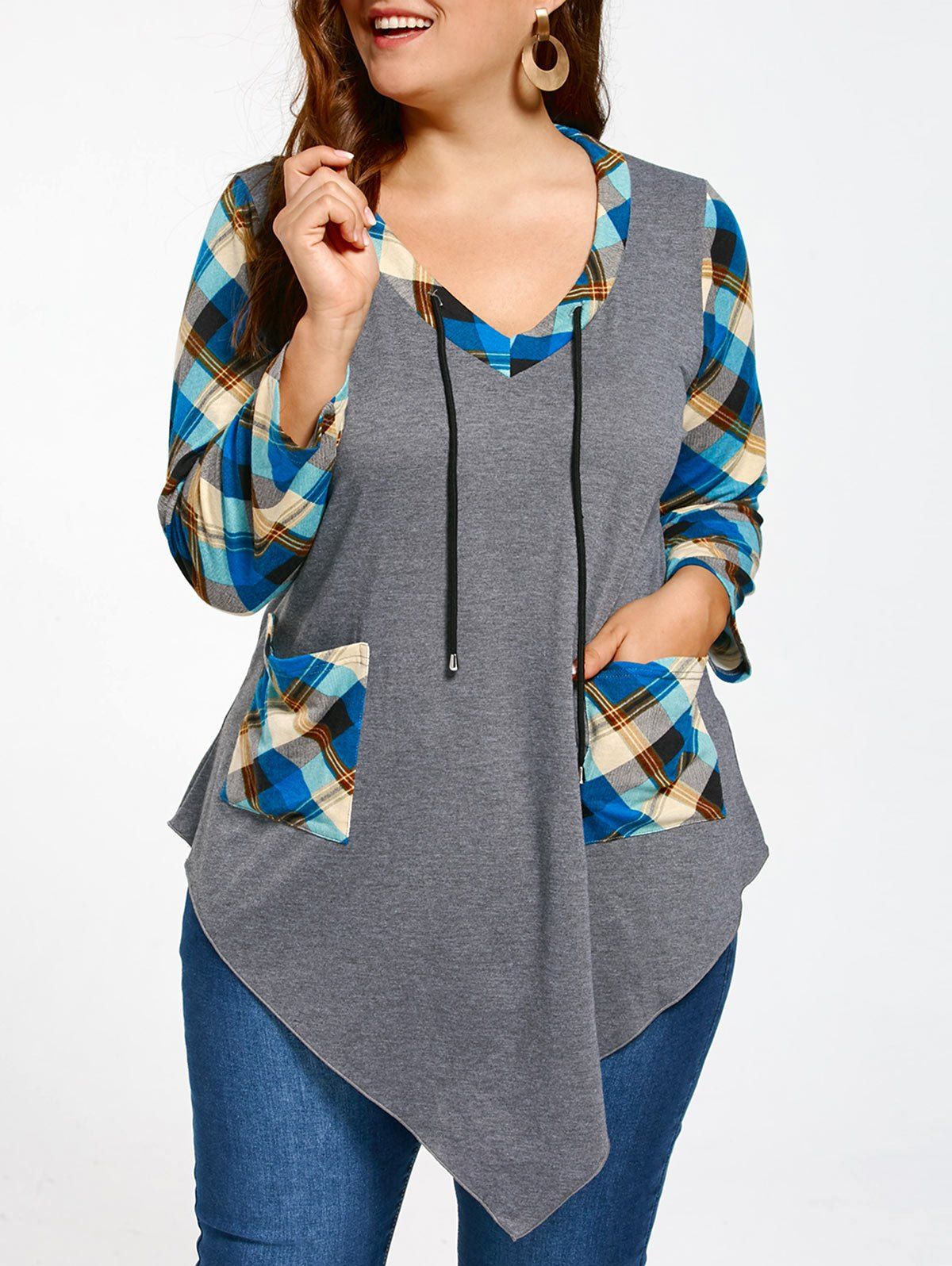 

Tartan Plus Size Long Sleeve Asymmetrical T-shirt, Gray and blue