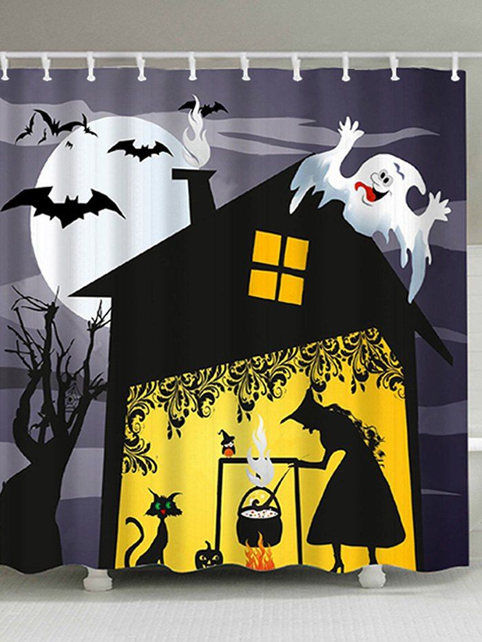 

Halloween Night Witch Print Fabric Waterproof Bathroom Shower Curtain, Black