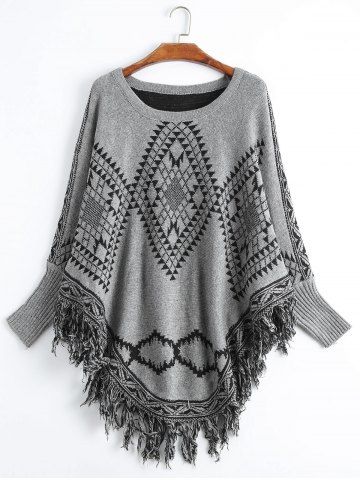 Store Geometric Fringed Plus Size Poncho Sweater