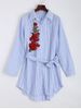 Flower Embroidery Tie Waist Stripe Long Shirt -  