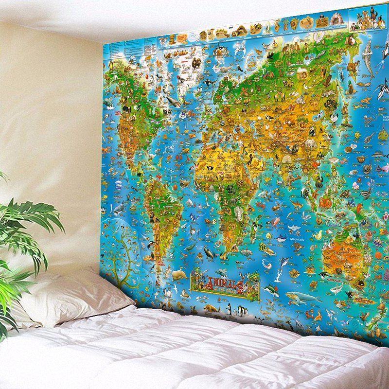 

World Map Animal Wall Hanging Tapestry, Sky blue