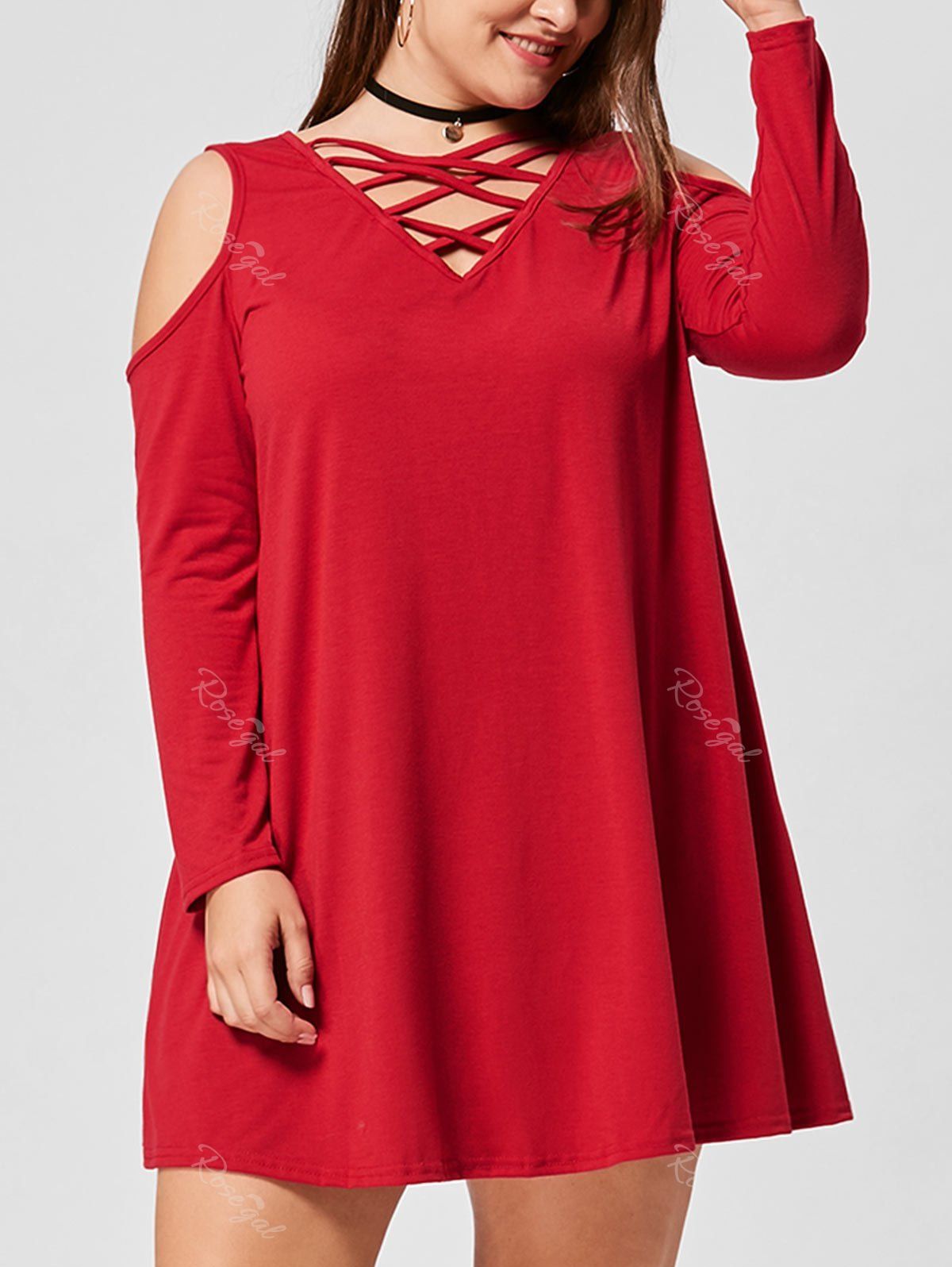 

Open Shoulder Plus Size Lace Up Dress, Red