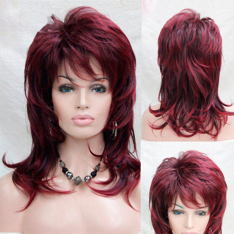 

Long Side Bang Fluffy Layered Slightly Curly Synthetic Wig, Colormix