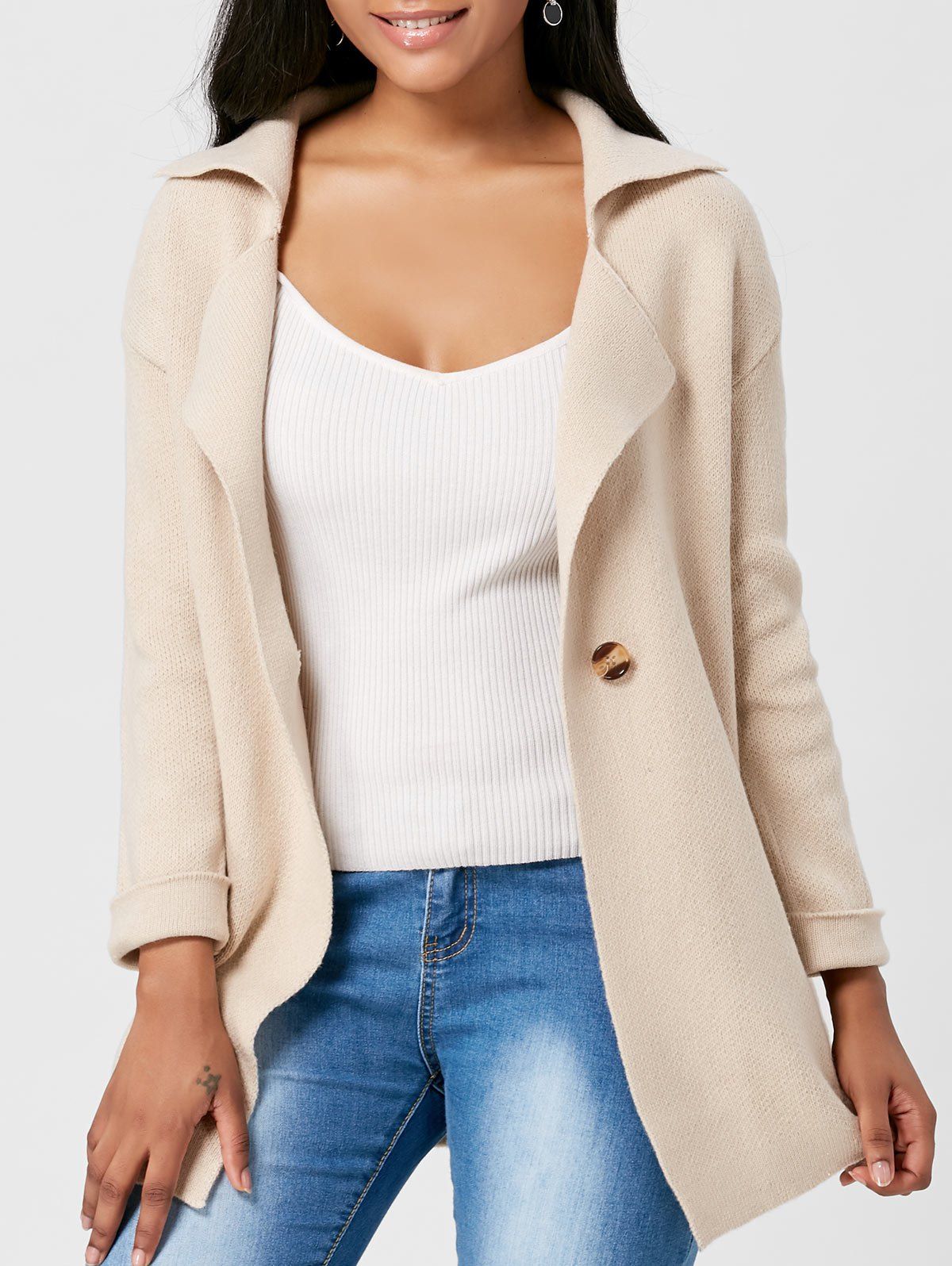 

Lapel One Button Knitted Cardigan, Light camel