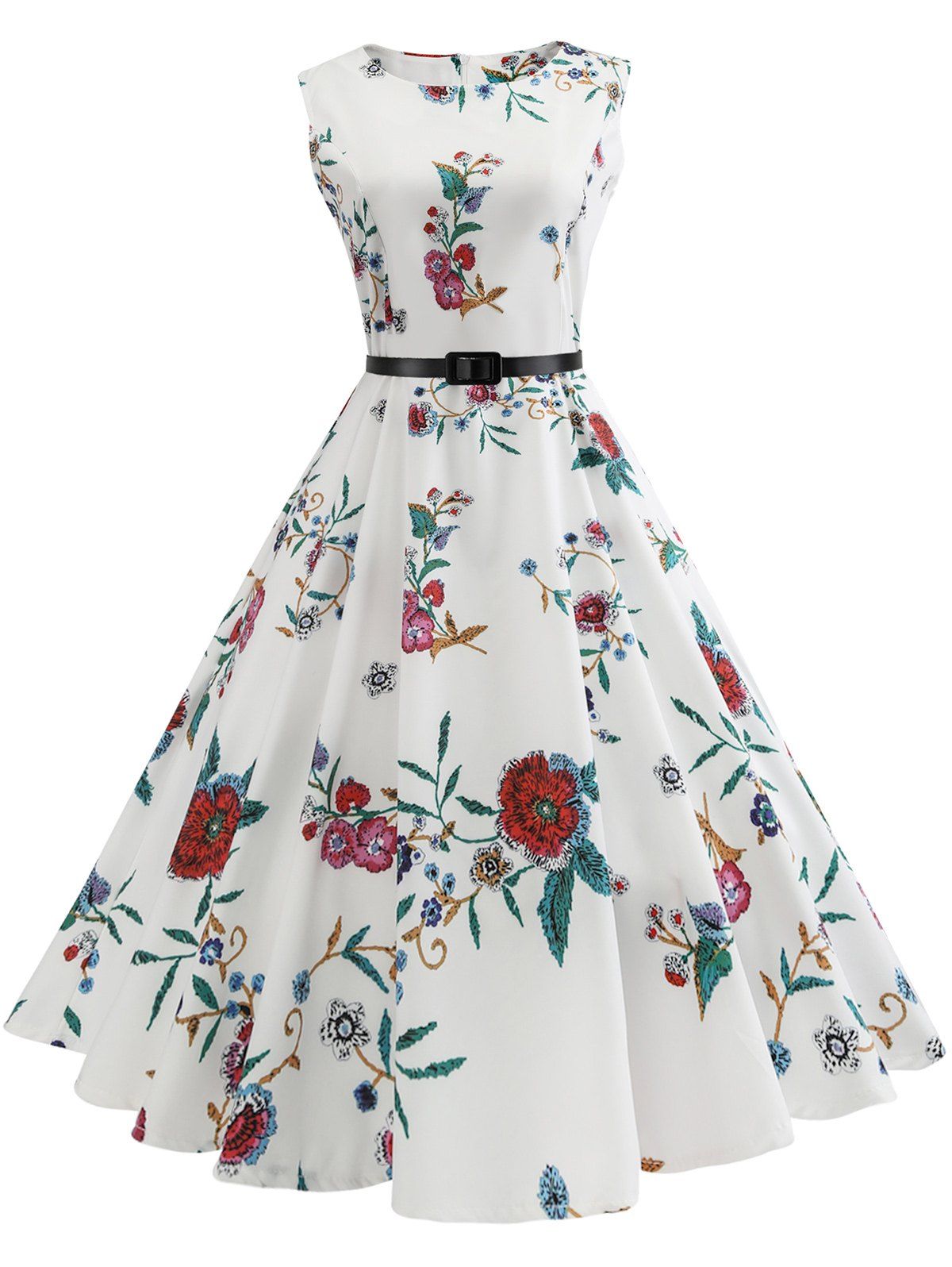 

Vintage Sleeveless Flower Print A Line Dress, White