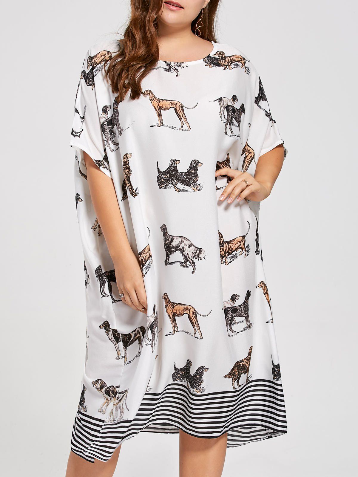 

Plus Size Animal Puppy Printed Batwing Sleeve T-shirt Dress, White