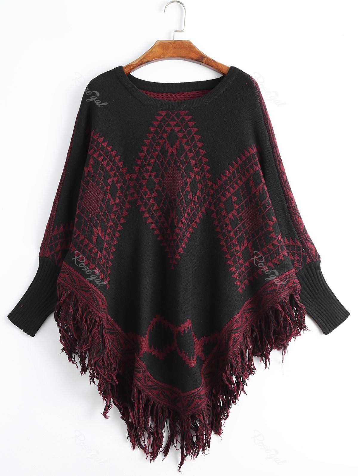 

Geometric Fringed Plus Size Poncho Sweater, Deep red