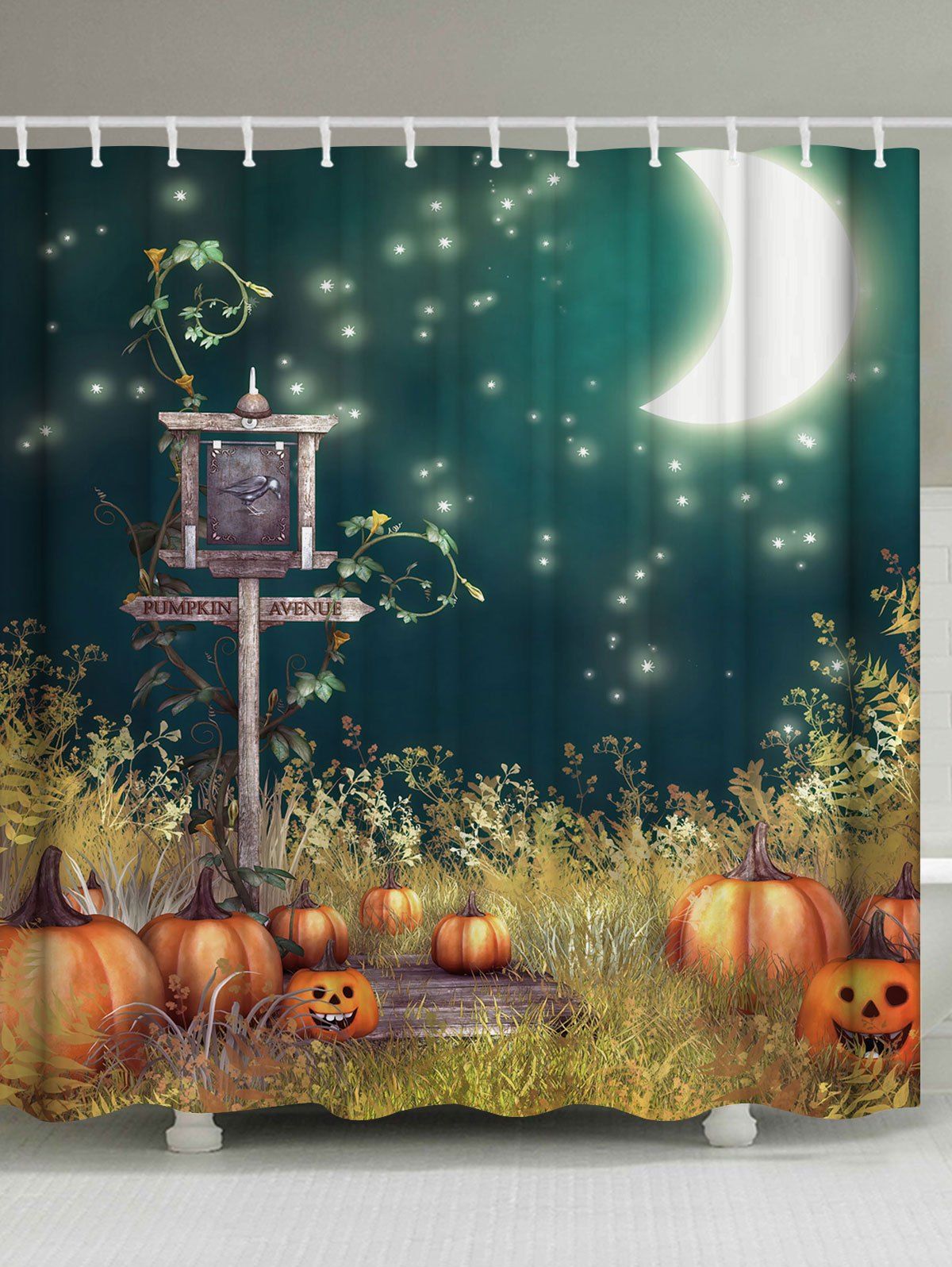 

Moonnight Pumpkin Fabric Halloween Shower Curtain, Colormix