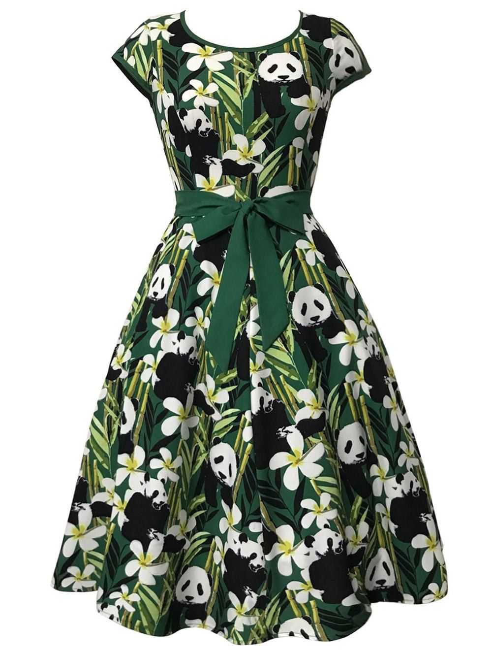 

Bamboo and Panda Print Vintage Dress, Green
