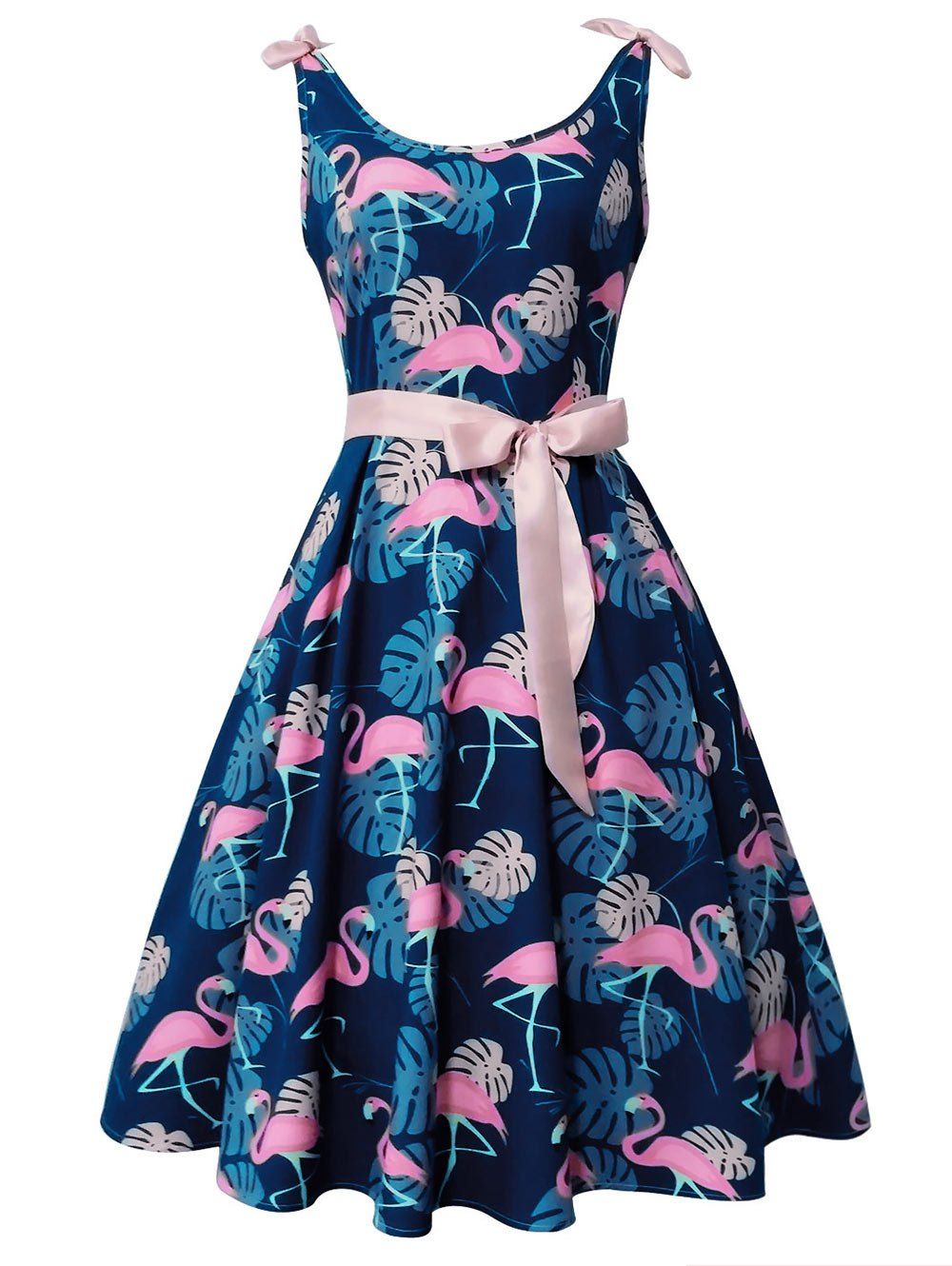 [14% OFF] Flamingo And Monstera Print Vintage Cocktail Dress | Rosegal