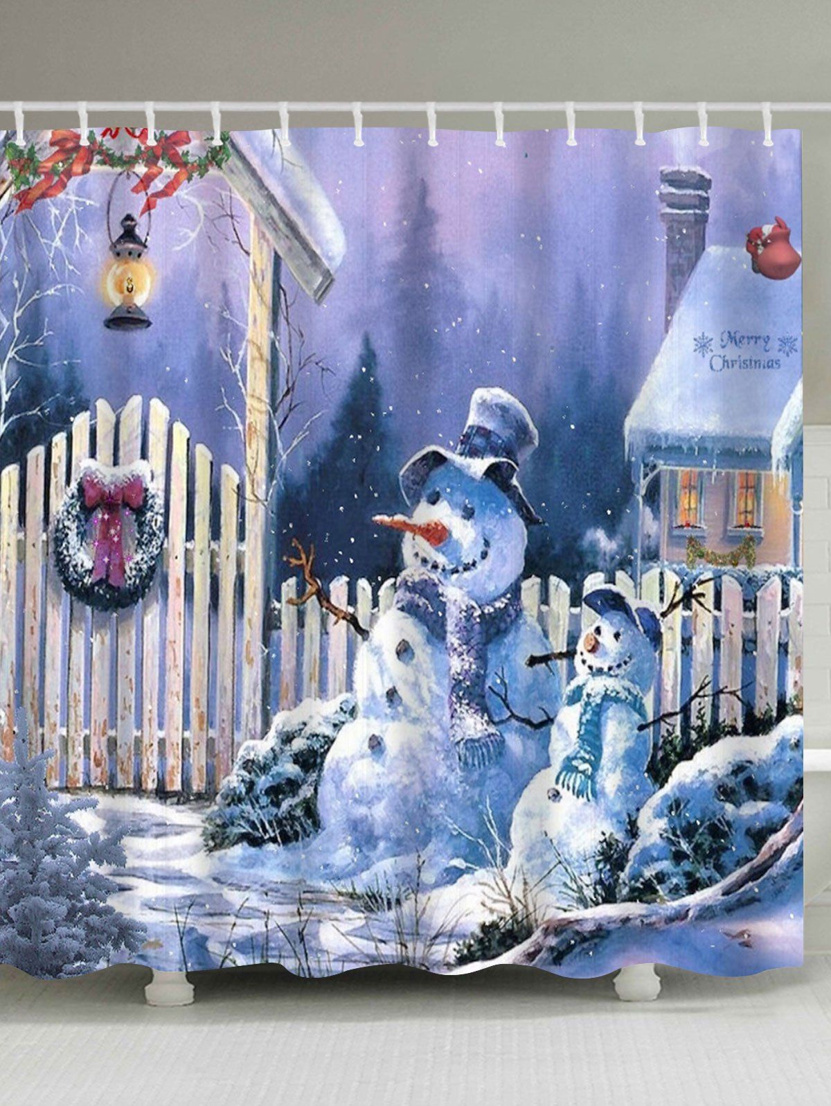 

Merry Christmas Snowmen Print Fabric Waterproof Bathroom Shower Curtain, Colormix