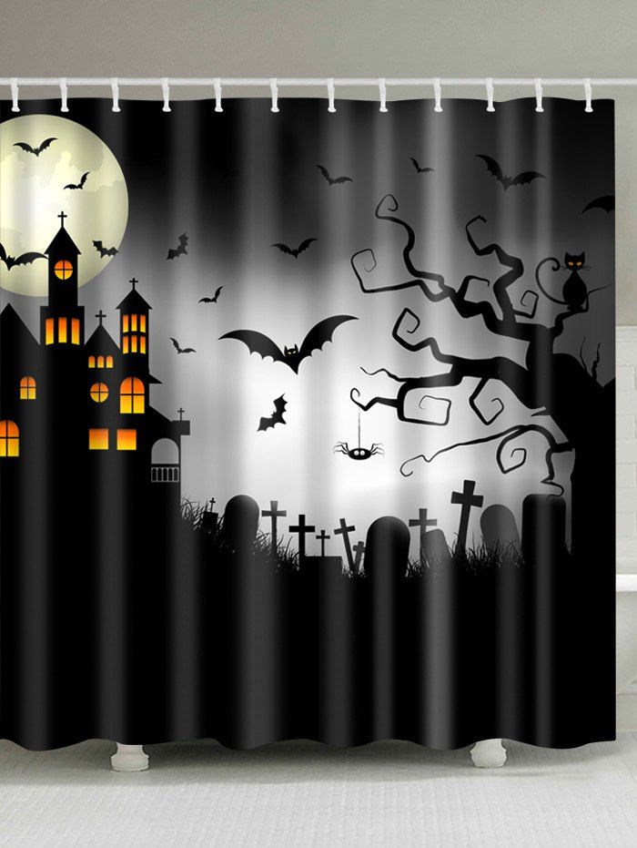 

Halloween Castle Cemetery Print Fabric Waterproof Bathroom Shower Curtain, Black