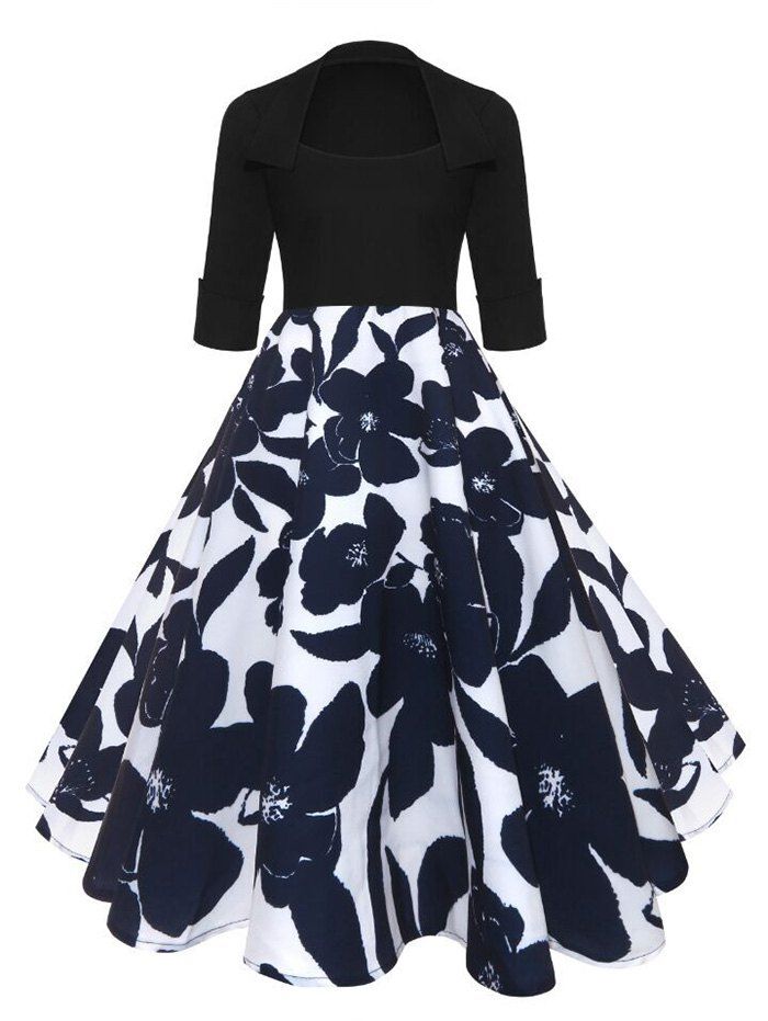 

Midi Vintage Floral A Line Dress, Blue and white