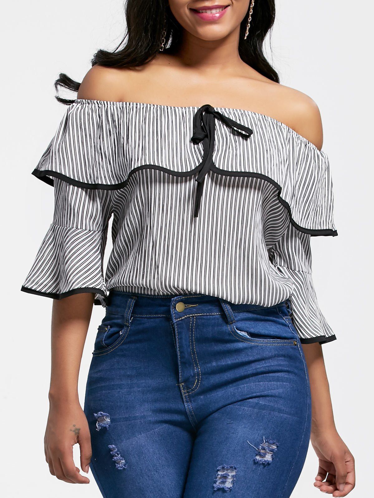 

Stripe Bell Sleeve Off The Shoulder Blouse
