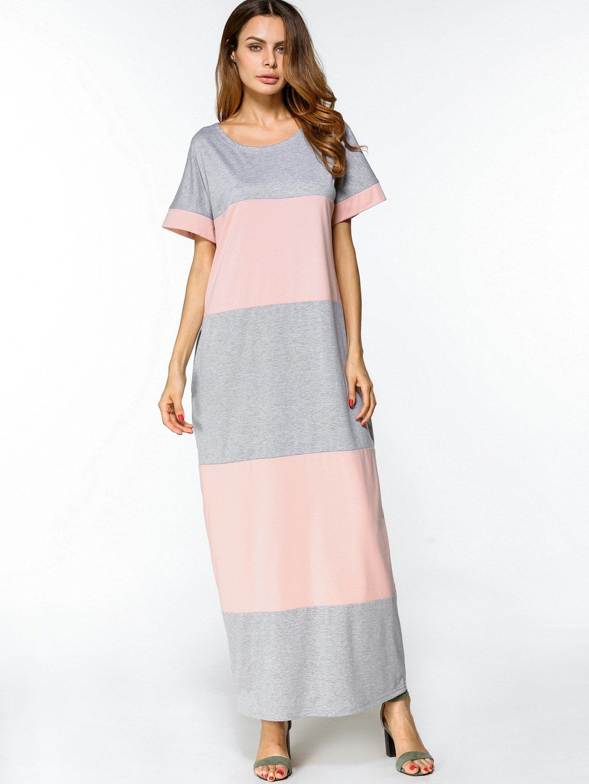 

Two Tone Casual Maxi Tee Dress, Pink and grey