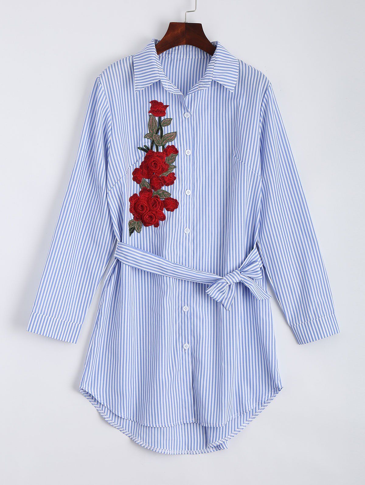 Discount Flower Embroidery Tie Waist Stripe Long Shirt  