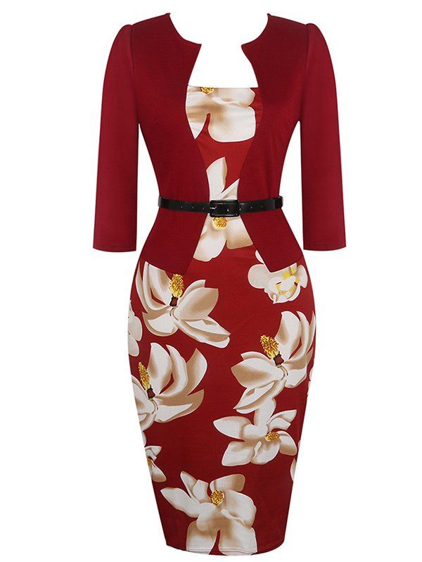 

Floral Knee Length Pencil Fitted Work Dress, Wine red