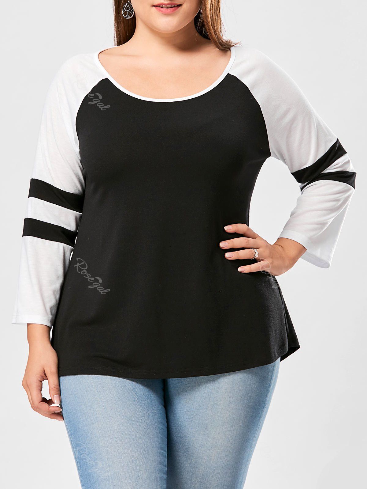 

Plus Size Raglan Sleeve Jersey Top, Black + white